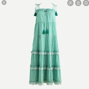 J Crew green gingham tie-shoulder maxi dress. New